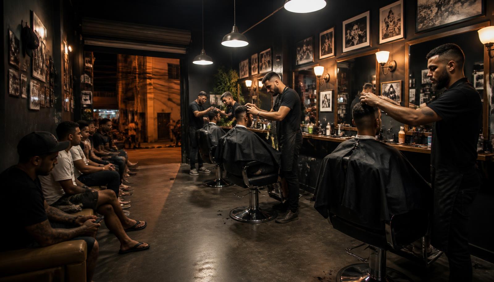 Barbearia de bairro cheia à noite, com três barbeiros atendendo e clientes esperando