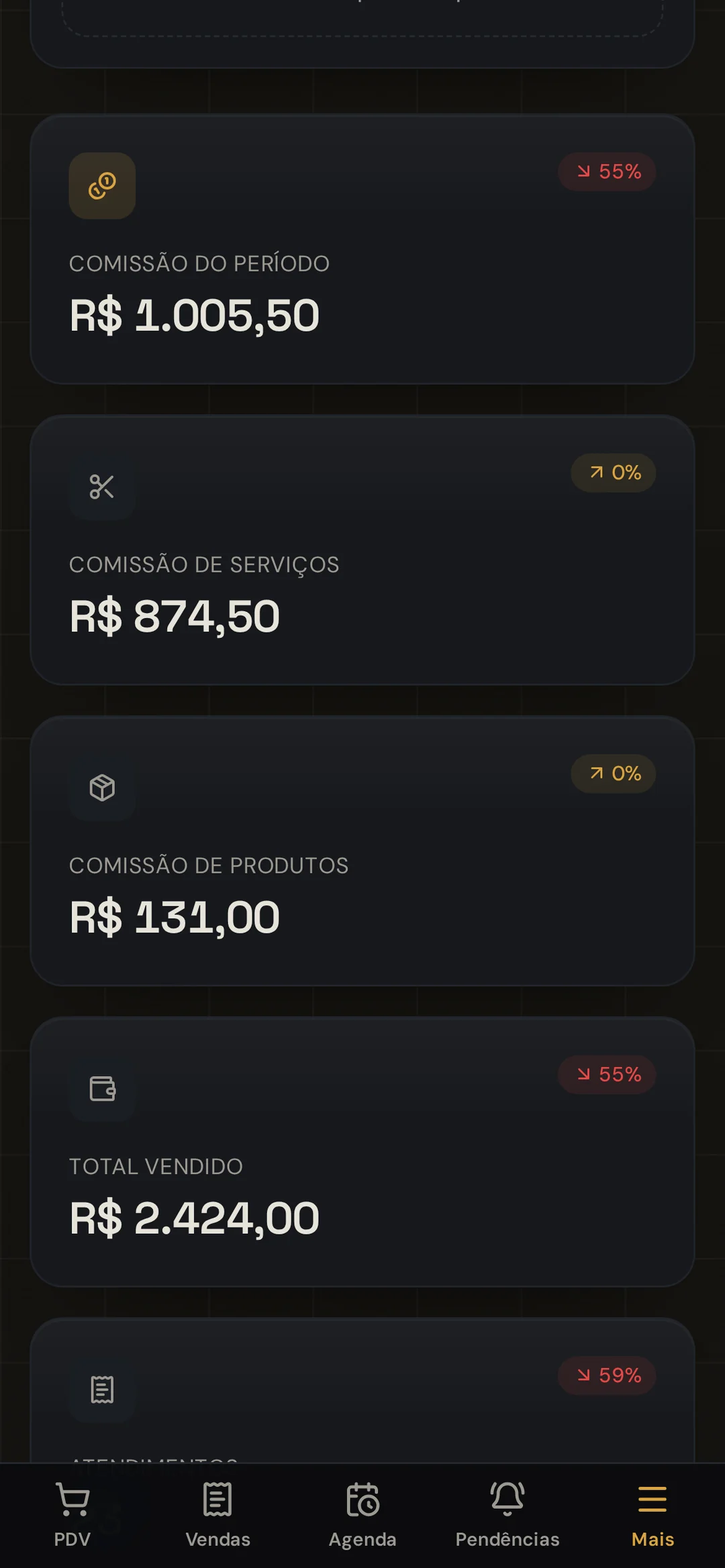 Meus ganhos: comissão do período R$ 205,25, comissão de serviços e de produtos no celular do barbeiro