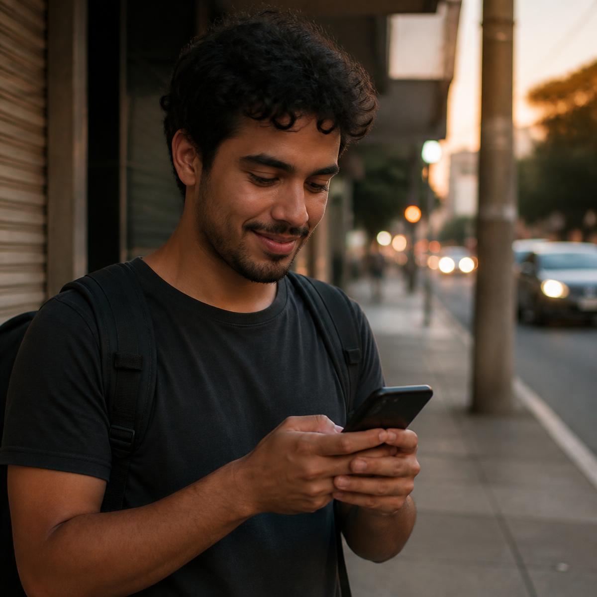 Cliente na calçada agendando o corte pelo celular