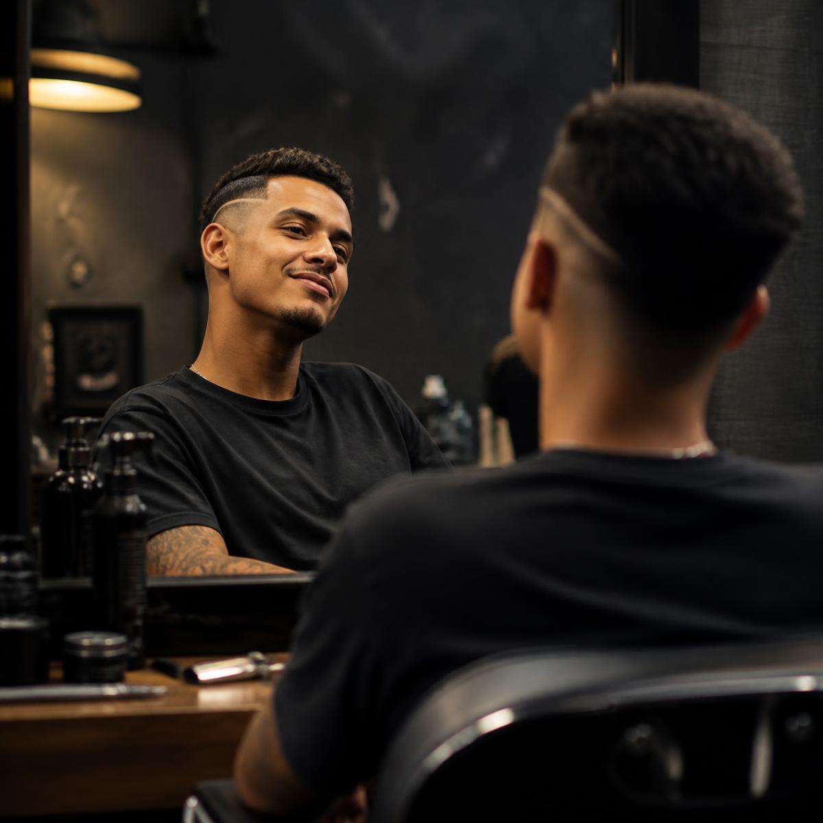 Cliente satisfeito na cadeira da barbearia depois do corte
