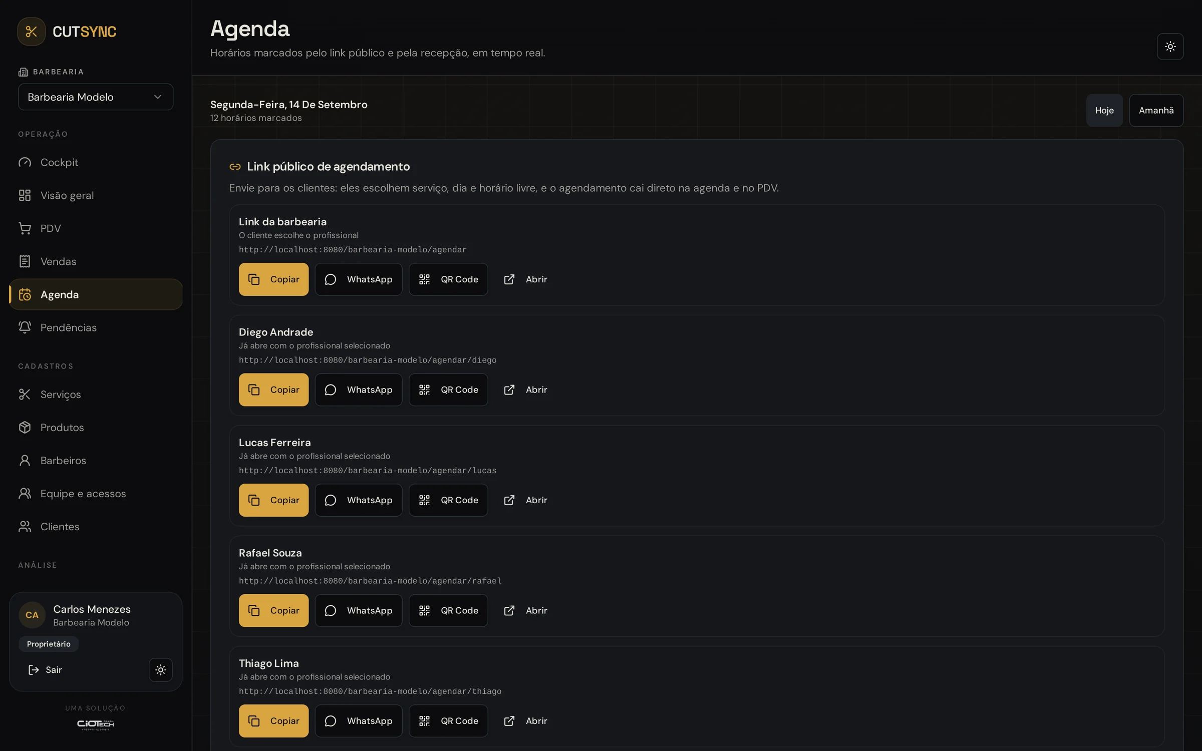 Agenda do dia no CutSync com 12 horários marcados, confirmados e receita prevista