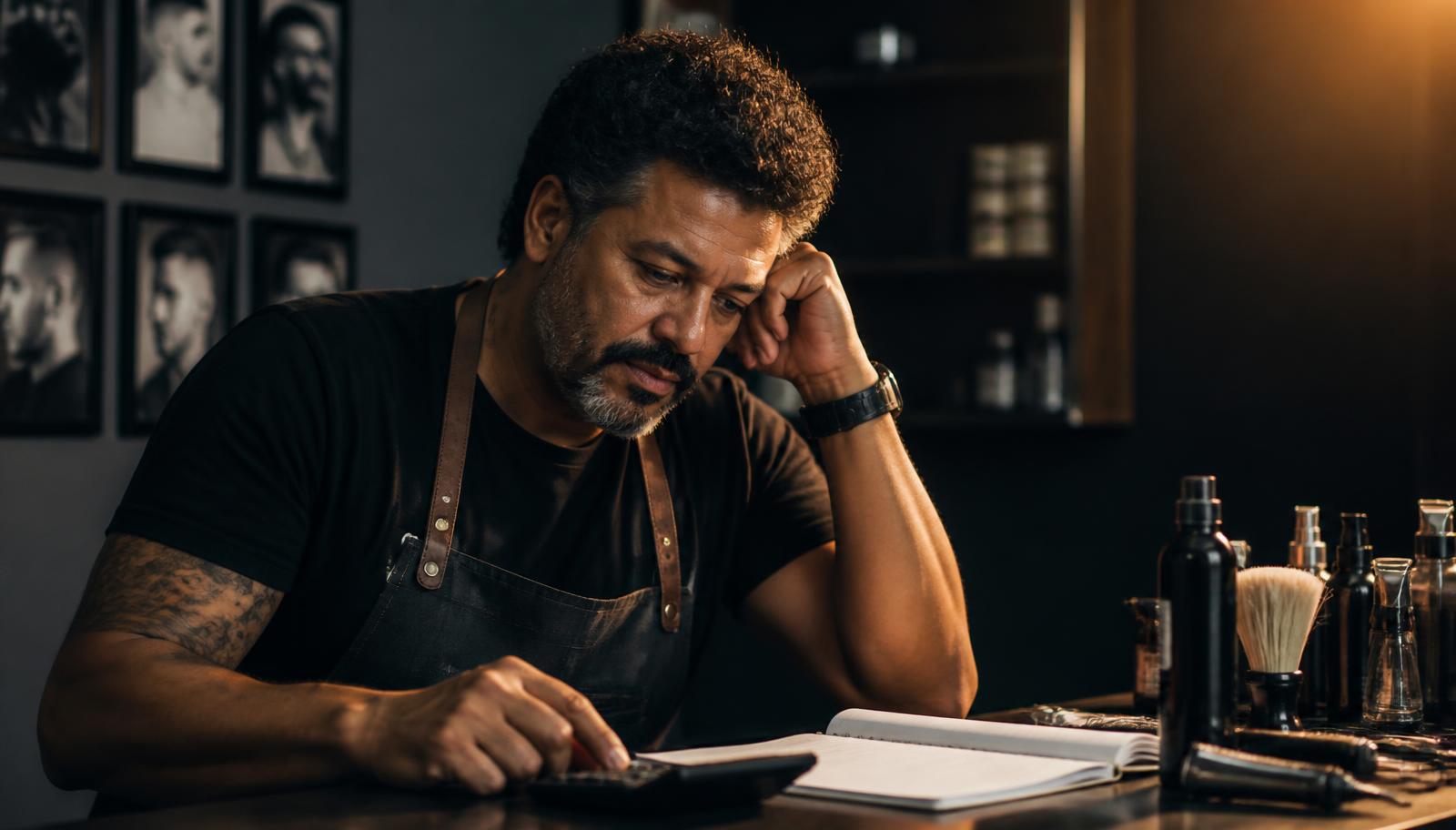 Dono de barbearia conferindo contas em um caderno e uma calculadora no fim do expediente