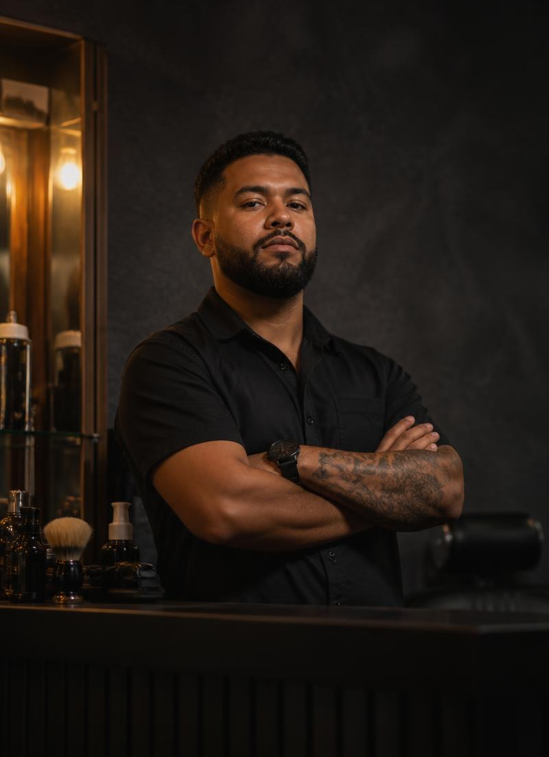 Dono de barbearia no balcão da loja, de braços cruzados