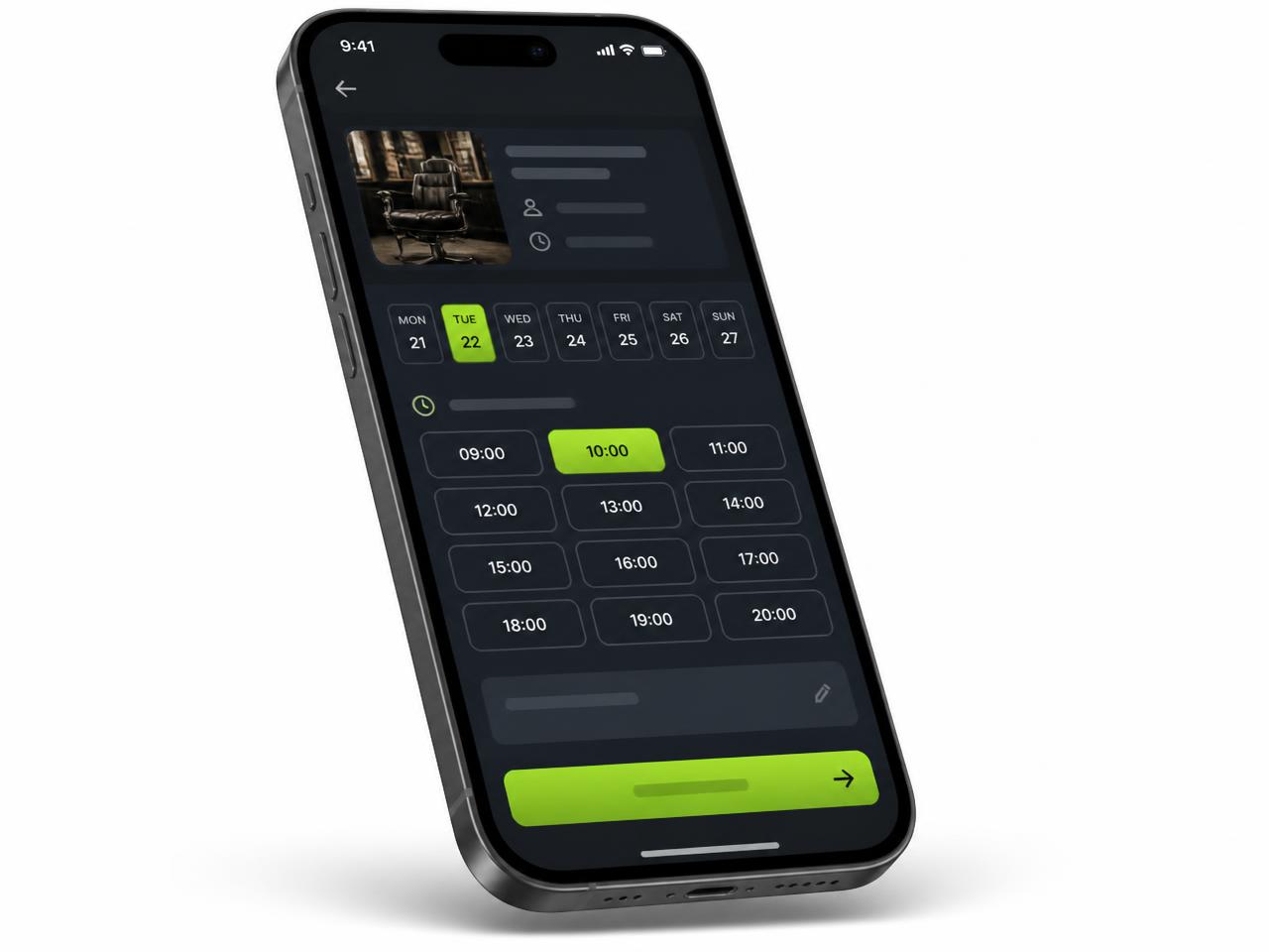 Tela de agendamento online do CutSync no celular, com dias da semana e horários disponíveis