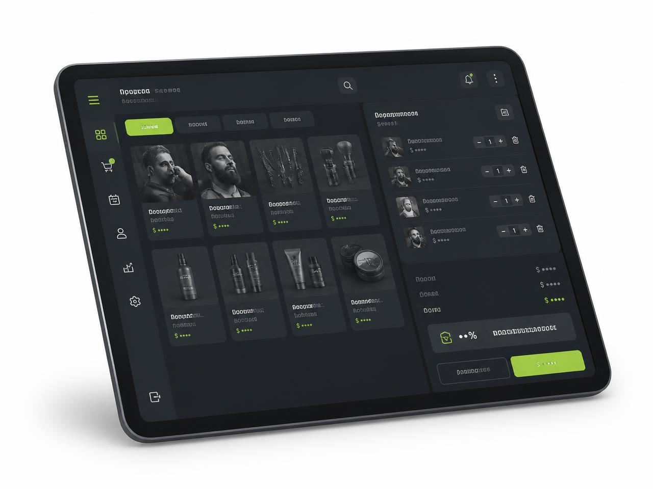 PDV do CutSync em tablet, com grade de serviços e produtos e carrinho com totais